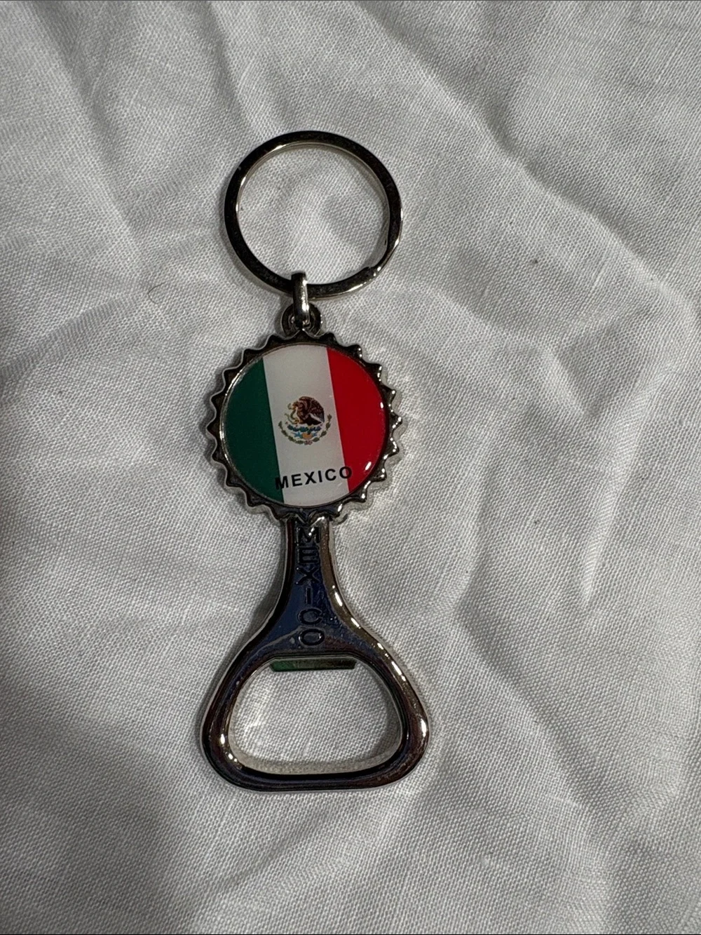 Mexico Flag Keyring Bottle Opener - Silver with Green, White & Red Emblem